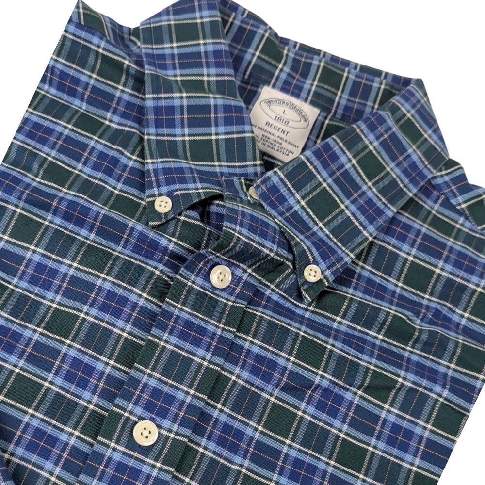 Brooks Brothers Regent Fit Ivy Academia Office Timeless Plaid Shirt Mens LBlue